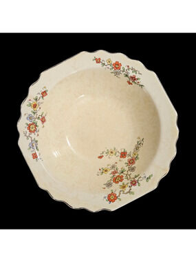 Vintage W S George Canarytone Floral Serving Bowl 9" Scalloped Edge USA